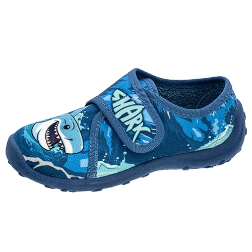 Fischer Kinder Hausschuh blau Hai-Print rutschfeste Sohle Klettverschluss 552335, Größe:26 EU, Farbe:Blau von Fischer Markenschuh