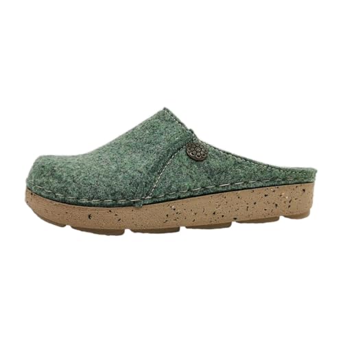 Fischer Damen Hausschuh Filz Pantoffel Plateau Florale Zierniete 636300, Größe:42 EU, Farbe:Grün von Fischer