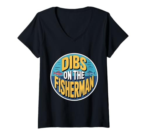 Damen Dibs On The Fisherman Frau Freundin Partner Hobby - T-Shirt mit V-Ausschnitt Damen Dibs On The Fisherman Frau Freundin Partner Hobby - T-Shirt mit V-Ausschnitt von Fischerei Liebesfrau im Freien