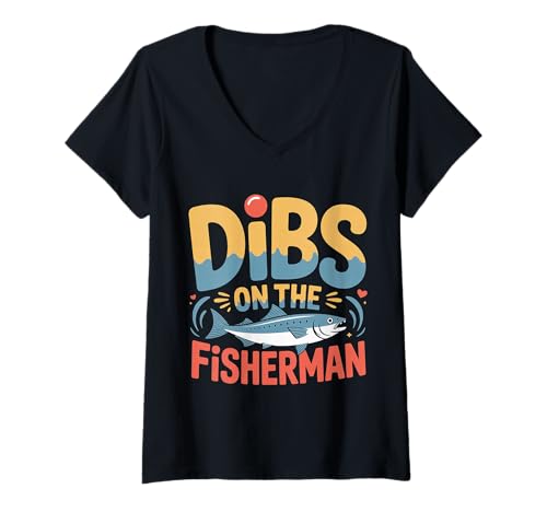 Damen Dibs On The Fisherman Frau Freundin Partner Hobby ||- T-Shirt mit V-Ausschnitt Damen Dibs On The Fisherman Frau Freundin Partner Hobby ||- T-Shirt mit V-Ausschnitt von Fischerei Liebesfrau im Freien