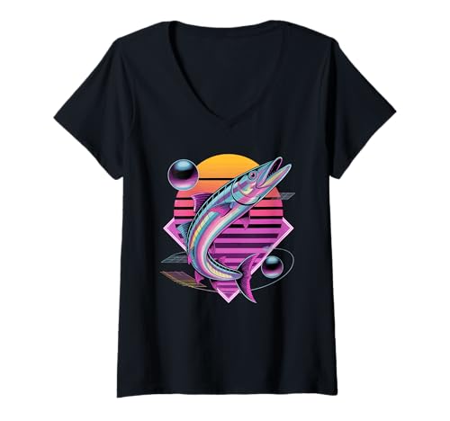 Damen Retro Synthwave Großer Barrakuda T-Shirt mit V-Ausschnitt Damen Retro Synthwave Großer Barrakuda T-Shirt mit V-Ausschnitt von Fish Fishing Lover Gifts Angler