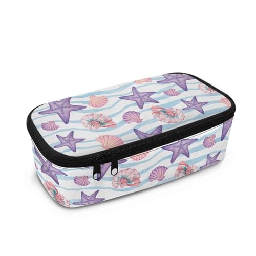 FishDing Kinder-Federmäppchen mit Reißverschluss, leichtes Federmäppchen, großes Fassungsvermögen, Schreibwaren-Aufbewahrung für Outdoor-Reisen, Seestern-Muschelstreifen, Einheitsgröße von FishDing