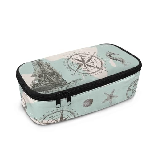 FishDing Kinder-Federmäppchen mit Reißverschluss, leichtes Federmäppchen, großes Fassungsvermögen, Schreibwaren-Aufbewahrung für Outdoor-Reisen, Segelboot-Kompass, Einheitsgröße, Taschen-Organizer von FishDing