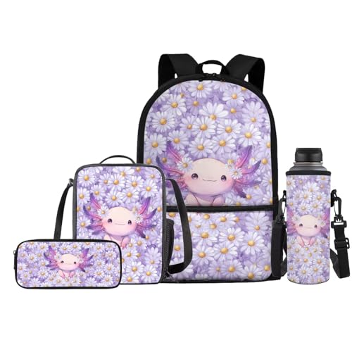 FishDing Mädchen-Rucksäcke für die Schule, personalisierbar, Büchertaschen mit Picknick-Lunchbox, Federmäppchen, Wasserflaschentasche, 4er-Set, Daisy Axolotl, Einheitsgröße von FishDing