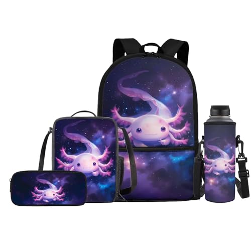 FishDing Mädchen-Rucksäcke für die Schule, personalisierbar, Büchertaschen mit Picknick-Lunchbox, Federmäppchen, Wasserflaschentasche, 4er-Set, Starry Axolotl, Einheitsgröße, Daypack Rucksäcke von FishDing