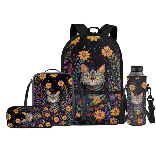 FishDing Schulranzen Kinder Polyester Rucksack mit Lunchbox Wasserhalter Etui Federmäppchen Set von 4, Katzen-Blumenmuster, Einheitsgröße von FishDing