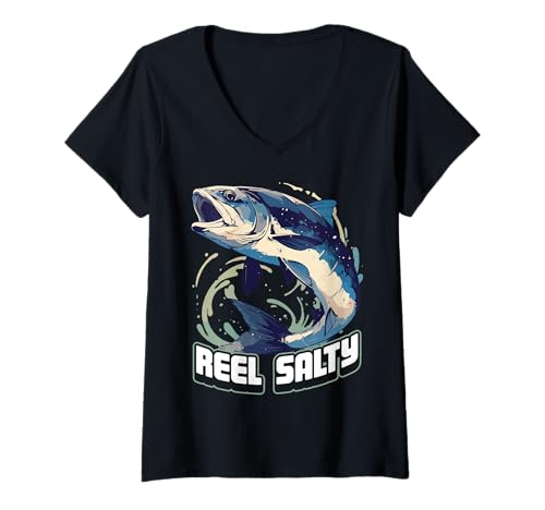 Damen Reel Salty Funny Fishing Wortspiel Angelausflüge für Angler T-Shirt mit V-Ausschnitt von Fisher Fish Lovers Funny Fishing Sport Designs