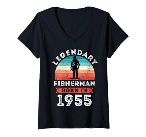 Damen Legendary Fisherman Born in 1955, 70th Birthday Men T-Shirt mit V-Ausschnitt Damen Legendary Fisherman Born in 1955, 70th Birthday Men T-Shirt mit V-Ausschnitt von Fisherman 1955 Legends Gifts for Mens 70th Bday