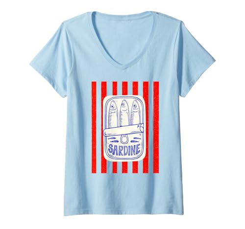 Damen Les Sardinen rote Streifen Fischer ästhetische Küsten-Sardine T-Shirt mit V-Ausschnitt von Fisherman aesthetic les sardine sardines fish