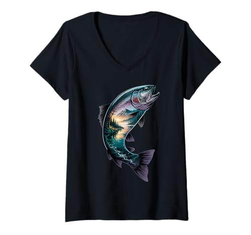 Damen Forellenangeln, abstrakt, bunt, Outdoor, Waldfisch-Grafik T-Shirt mit V-Ausschnitt von Fishing, Trout, Fly Fishing Fish Graphic Fisherman