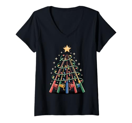 Damen Weihnachtsbaum Angelrute Angler T-Shirt mit V-Ausschnitt von Fishing Angler Gifts