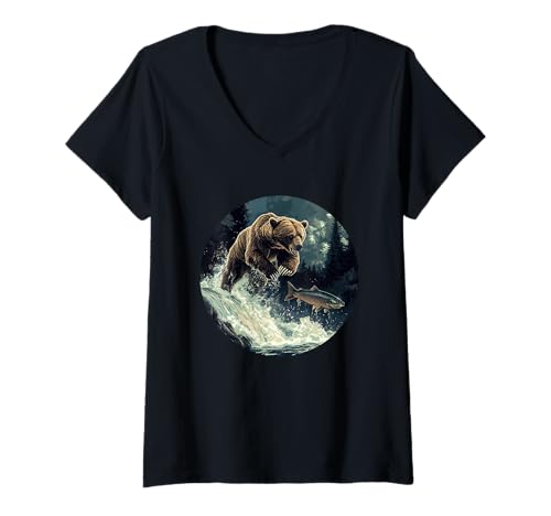 Damen America Bear Angelsaison Kostüm T-Shirt mit V-Ausschnitt Damen America Bear Angelsaison Kostüm T-Shirt mit V-Ausschnitt von Fishing Bear Outfit