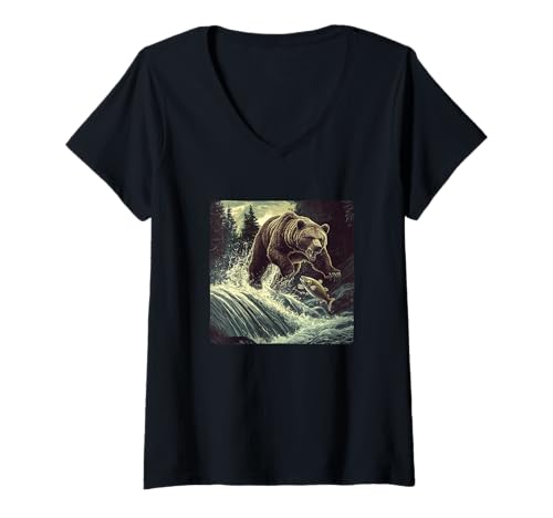 Damen Angelbär im See Kostüm für Coole Bären, Grafikliebhaber T-Shirt mit V-Ausschnitt Damen Angelbär im See Kostüm für Coole Bären, Grafikliebhaber T-Shirt mit V-Ausschnitt von Fishing Bear Outfit