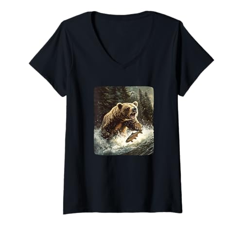 Damen Brüllender Bär mit See für Angel- und Bärenliebhaber T-Shirt mit V-Ausschnitt Damen Brüllender Bär mit See für Angel- und Bärenliebhaber T-Shirt mit V-Ausschnitt von Fishing Bear Outfit