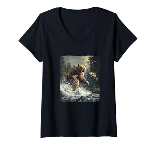 Damen Patriotische Angelgrafik für Mann und Frau T-Shirt mit V-Ausschnitt Damen Patriotische Angelgrafik für Mann und Frau T-Shirt mit V-Ausschnitt von Fishing Bear Outfit
