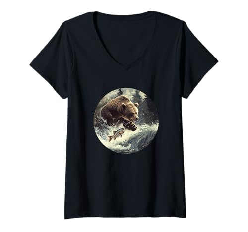 Damen Patriotischer Angelbär für Jagd und Seenliebhaber T-Shirt mit V-Ausschnitt Damen Patriotischer Angelbär für Jagd und Seenliebhaber T-Shirt mit V-Ausschnitt von Fishing Bear Outfit