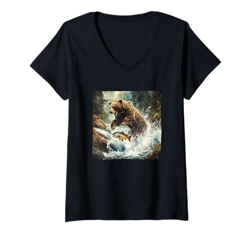Damen Schöne Bärenangel-Grafik für See- und Bärenliebhaber T-Shirt mit V-Ausschnitt Damen Schöne Bärenangel-Grafik für See- und Bärenliebhaber T-Shirt mit V-Ausschnitt von Fishing Bear Outfit