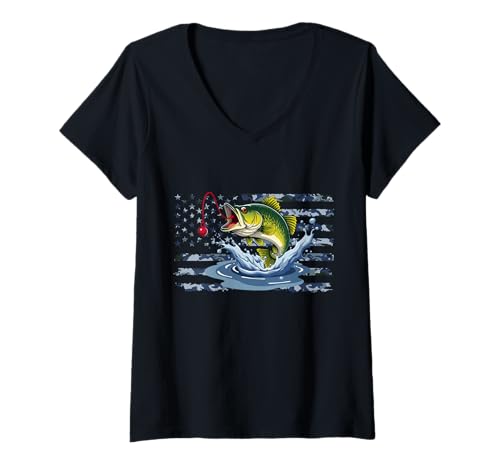 Damen Angeln Camouflage US Amerikanische Flagge Barsch Fisch Fischer Camo T-Shirt mit V-Ausschnitt von Fishing Camouflage US American Flag Bass Fisherman