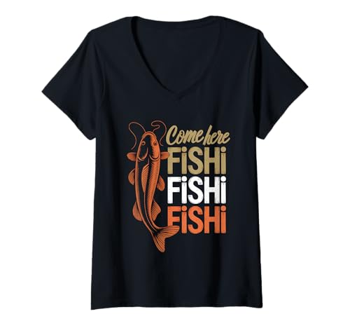 Damen Funny Come Here Fishi Fishi Fishi Angler Vater T-Shirt mit V-Ausschnitt Damen Funny Come Here Fishi Fishi Fishi Angler Vater T-Shirt mit V-Ausschnitt von Fishing Dad Humor Apparel for Fathers and Anglers