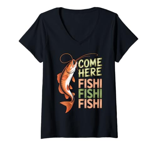 Damen Funny Fisher Come Here Fishi Fishi Fishi Angler Vater T-Shirt mit V-Ausschnitt Damen Funny Fisher Come Here Fishi Fishi Fishi Angler Vater T-Shirt mit V-Ausschnitt von Fishing Dad Humor Apparel for Fathers and Anglers