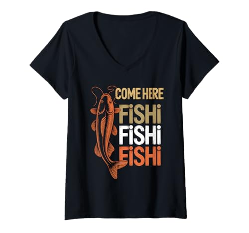 Damen Komm her Fishi Fishi Fishi Angler Vater Lustig T-Shirt mit V-Ausschnitt Damen Komm her Fishi Fishi Fishi Angler Vater Lustig T-Shirt mit V-Ausschnitt von Fishing Dad Humor Apparel for Fathers and Anglers