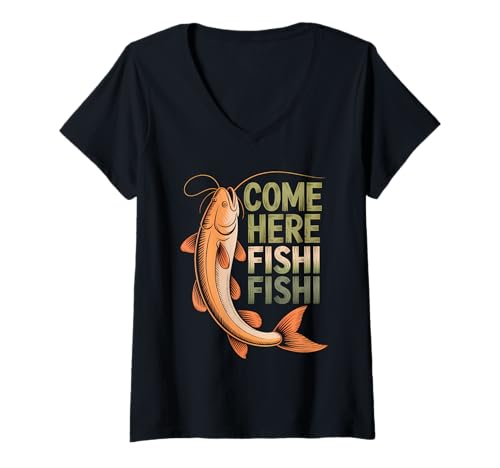 Damen Lustiger, komm her, Fishi, Fishi, Angler, Vater. T-Shirt mit V-Ausschnitt Damen Lustiger, komm her, Fishi, Fishi, Angler, Vater. T-Shirt mit V-Ausschnitt von Fishing Dad Humor Apparel for Fathers and Anglers