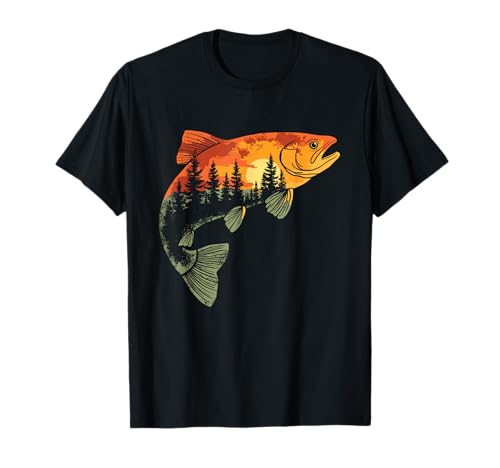 Fishing Gifts for Grandpa with Unique Fish Graphic - Herren Damen Unisex Kinder - Angeln, Forelle, Fliegenfischen, Angler, Naturwald - Schwarz, S - Retro Grafik T-Shirt von Fishing Gifts for Grandpa with Unique Fish Graphic