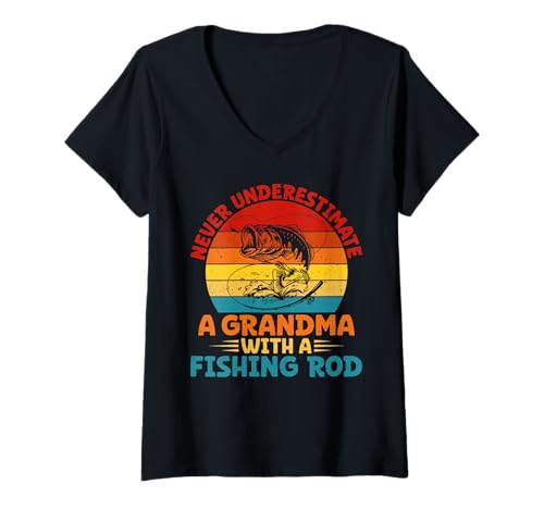 Damen Unterschätzen Sie Niemals eine Oma mit Einer Angelrute Oma T-Shirt mit V-Ausschnitt von Fishing Grandma Gifts