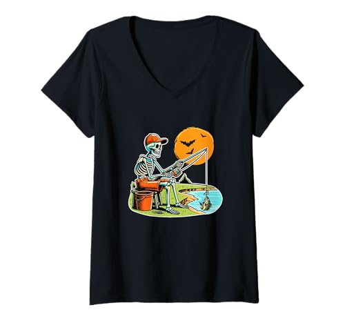 Damen Skeleton Fishing Halloween Costume Sports Lover Family T-Shirt mit V-Ausschnitt von Fishing Halloween Costume