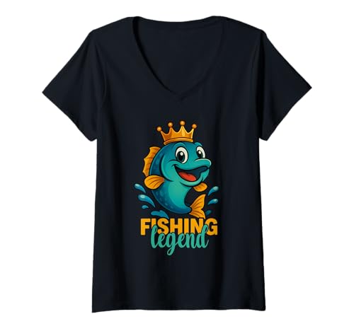 Damen Angeln König Cartoon Fisch Angler Papa Opa Fishing Legend T-Shirt mit V-Ausschnitt Damen Angeln König Cartoon Fisch Angler Papa Opa Fishing Legend T-Shirt mit V-Ausschnitt von Fishing Legend Angelheld Angeltour Angeltrip