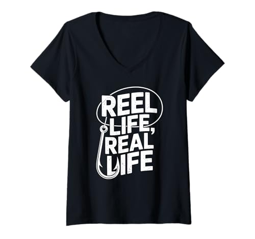 Damen Reel Life Real Life Angelhaken Hemd Angler Männer Frauen T-Shirt mit V-Ausschnitt von Fishing Lifestyle Apparel Reel Life Angler Shirts