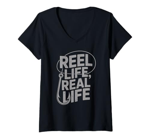 Damen Reel Life Real Life Angelhaken Hemd Angler Männer Frauen T-Shirt mit V-Ausschnitt von Fishing Lifestyle Apparel Reel Life Angler Shirts