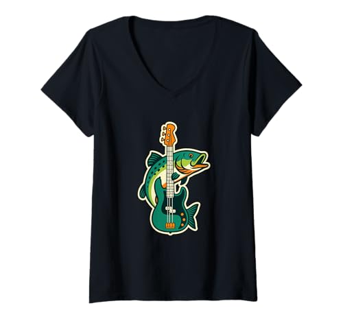 Damen Angeln Bass Gitarre Grafik Lustiger Musiker T-Shirt mit V-Ausschnitt Damen Angeln Bass Gitarre Grafik Lustiger Musiker T-Shirt mit V-Ausschnitt von Fishing Musician Bass Guitar Humor Apparel
