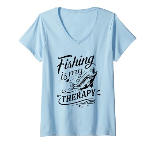 Damen Fishing is My Therapy Entspannendes Outdoor-Abenteuer T-Shirt mit V-Ausschnitt von Fishing Relaxation Therapy Lake River