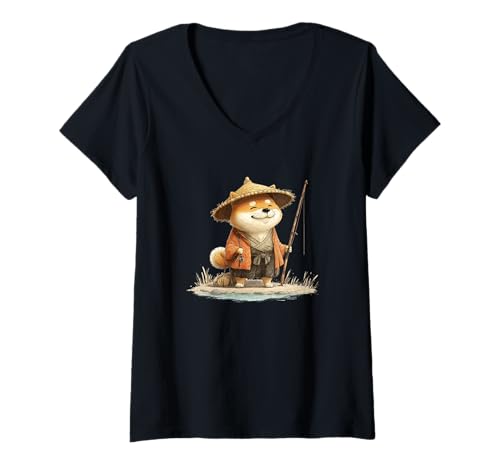 Damen Alter japanischer Angellook mit lustigem Shiba Inu Kostüm T-Shirt mit V-Ausschnitt von Fishing Shiba Inu Outfit