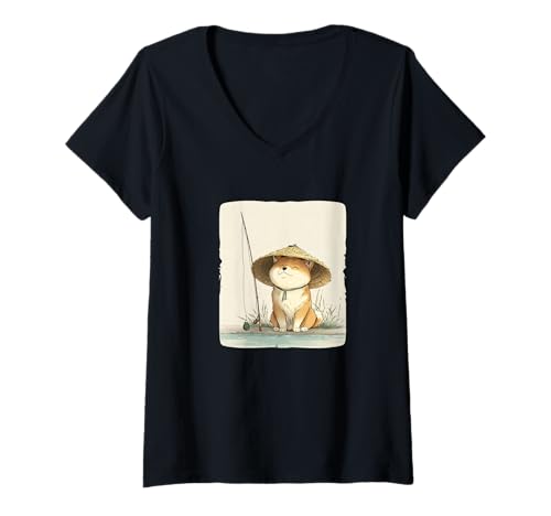 Damen Cooles Japan Angelhund Kostüm für Jungen und Mädchen T-Shirt mit V-Ausschnitt Damen Cooles Japan Angelhund Kostüm für Jungen und Mädchen T-Shirt mit V-Ausschnitt von Fishing Shiba Inu Outfit