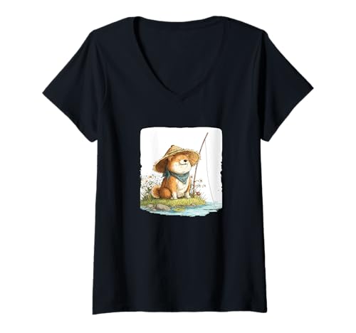 Damen Japanisches Shiba Inu Hundekostüm im Angel-Look T-Shirt mit V-Ausschnitt von Fishing Shiba Inu Outfit
