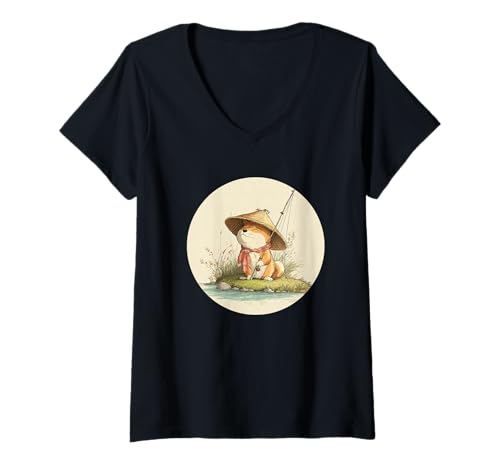Damen Lustiger Angelhund im japanischen Stil Kostüm T-Shirt mit V-Ausschnitt von Fishing Shiba Inu Outfit