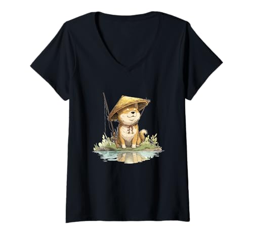 Damen Schönes Shiba Inu mit Angelrute Kostüm für Jungen und Mädchen T-Shirt mit V-Ausschnitt Damen Schönes Shiba Inu mit Angelrute Kostüm für Jungen und Mädchen T-Shirt mit V-Ausschnitt von Fishing Shiba Inu Outfit