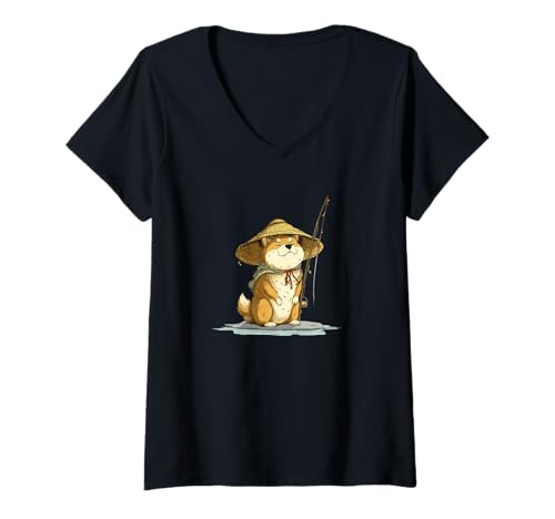 Damen Süßes Japanisches Shiba Inu Kostüm T-Shirt mit V-Ausschnitt von Fishing Shiba Inu Outfit
