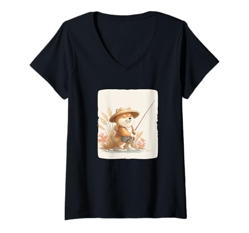 Damen Toller Hunde-Angel-Look für Jungen und Mädchen T-Shirt mit V-Ausschnitt Damen Toller Hunde-Angel-Look für Jungen und Mädchen T-Shirt mit V-Ausschnitt von Fishing Shiba Inu Outfit