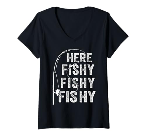 Damen Anglerhemd Here-Fishy Graphic Funny T-Shirt mit V-Ausschnitt Damen Anglerhemd Here-Fishy Graphic Funny T-Shirt mit V-Ausschnitt von Fishing-Shirt Here-Fishy Graphic Funny