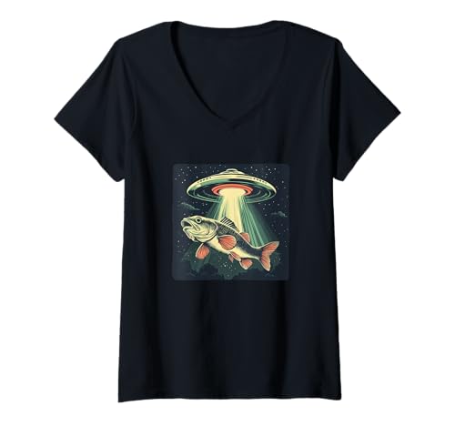 Damen Lustiges UFO beams a Catch from the Sea for Space Fun T-Shirt mit V-Ausschnitt Damen Lustiges UFO beams a Catch from the Sea for Space Fun T-Shirt mit V-Ausschnitt von Fishing UFO