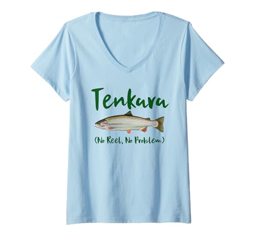Damen Tenkara No Reel is No Problem Fliegenfischen Forellen Kebari T-Shirt mit V-Ausschnitt Damen Tenkara No Reel is No Problem Fliegenfischen Forellen Kebari T-Shirt mit V-Ausschnitt von Fishing Way of Life