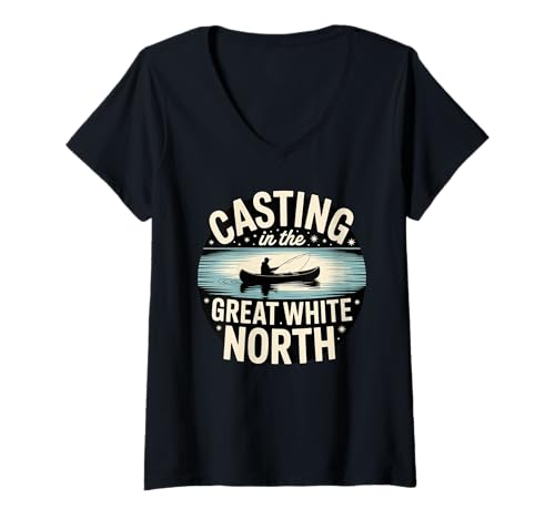 Damen Kanada Angelausflug White North Kanu Kanada Angeln T-Shirt mit V-Ausschnitt Damen Kanada Angelausflug White North Kanu Kanada Angeln T-Shirt mit V-Ausschnitt von Fishing in Canada