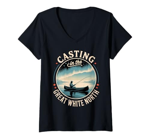Damen White North Fishing Adventure Kanu-Angeltour T-Shirt mit V-Ausschnitt Damen White North Fishing Adventure Kanu-Angeltour T-Shirt mit V-Ausschnitt von Fishing in Canada