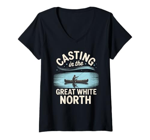 Damen White North Kanu-Angelausflug Kanada Outdoor-Abenteuer T-Shirt mit V-Ausschnitt Damen White North Kanu-Angelausflug Kanada Outdoor-Abenteuer T-Shirt mit V-Ausschnitt von Fishing in Canada