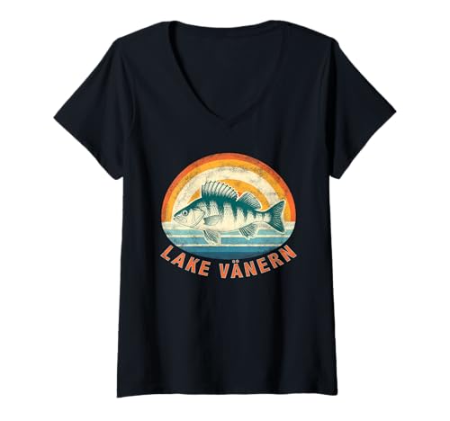 Damen Barschangeln am Vanernsee T-Shirt mit V-Ausschnitt Damen Barschangeln am Vanernsee T-Shirt mit V-Ausschnitt von Fishing in Sweden Gifts