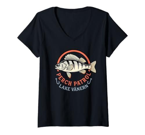 Damen Barschangeln in Schweden Vanernsee T-Shirt mit V-Ausschnitt Damen Barschangeln in Schweden Vanernsee T-Shirt mit V-Ausschnitt von Fishing in Sweden Gifts