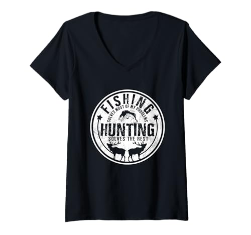 Damen Angeln löst die meisten meiner Probleme, die Jagd löst den Rest. T-Shirt mit V-Ausschnitt von Fishing & Outdoor Apparel Co.
